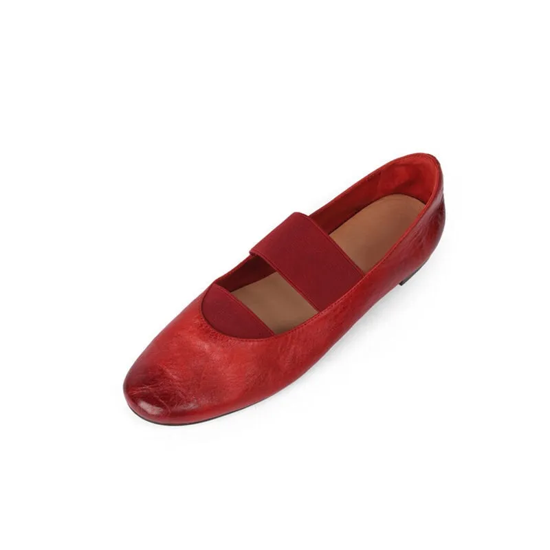 Handmade Leather Mary Jane Shoes Elastic Band Ballet Flats in Red/Black/Pink/Apricot