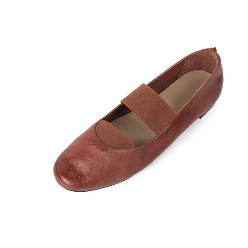 Handmade Leather Mary Jane Shoes Elastic Band Ballet Flats in Red/Black/Pink/Apricot