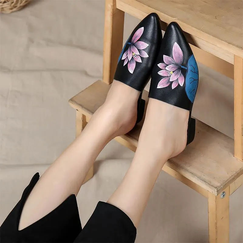 Handmade Retro Leather Painted Lotus Slippers For Women Pointed Toe Leather Mules