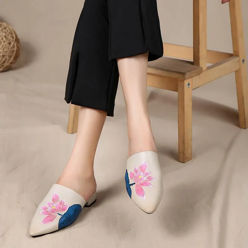 Handmade Retro Leather Painted Lotus Slippers For Women Pointed Toe Leather Mules