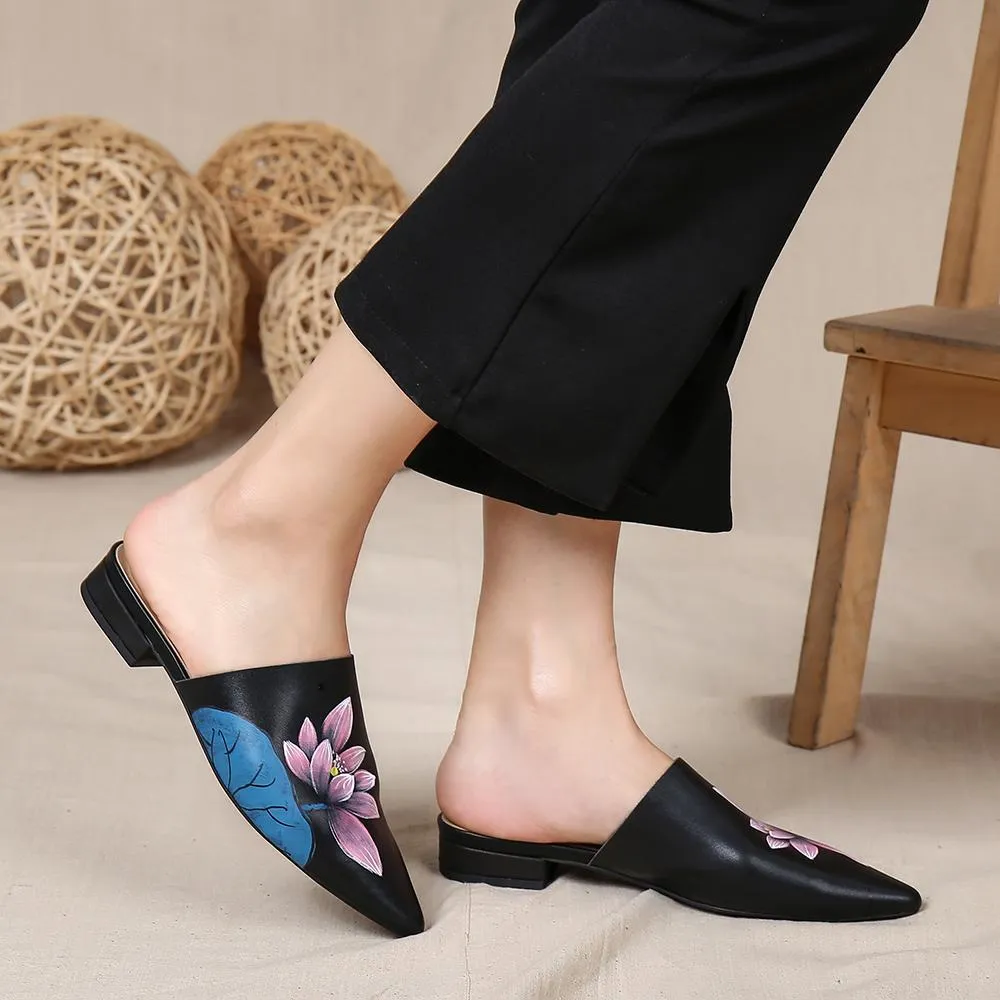 Handmade Retro Leather Painted Lotus Slippers For Women Pointed Toe Leather Mules