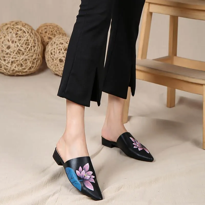 Handmade Retro Leather Painted Lotus Slippers For Women Pointed Toe Leather Mules