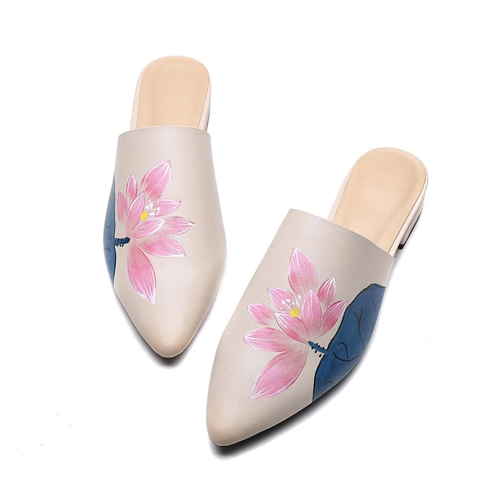 Handmade Retro Leather Painted Lotus Slippers For Women Pointed Toe Leather Mules