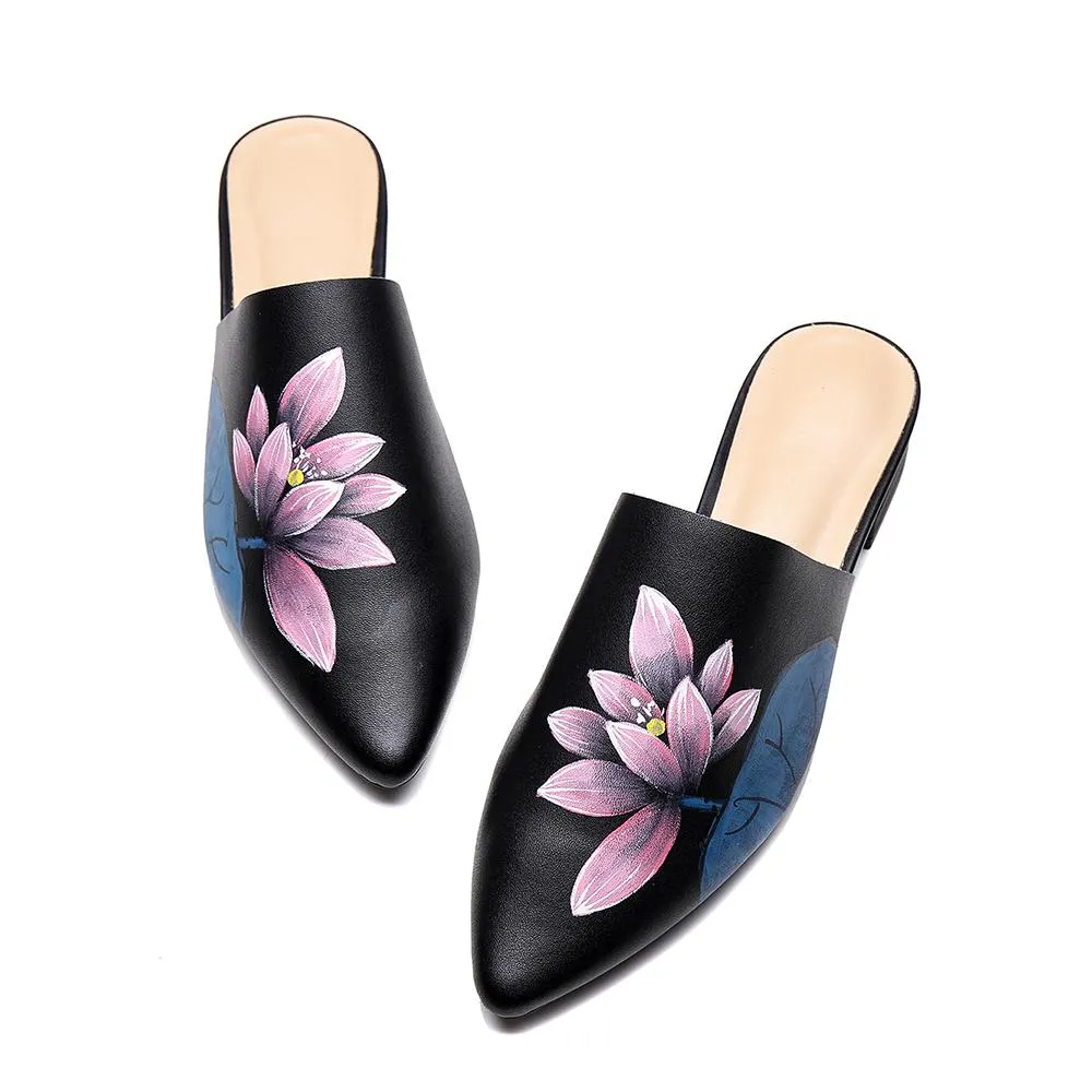 Handmade Retro Leather Painted Lotus Slippers For Women Pointed Toe Leather Mules