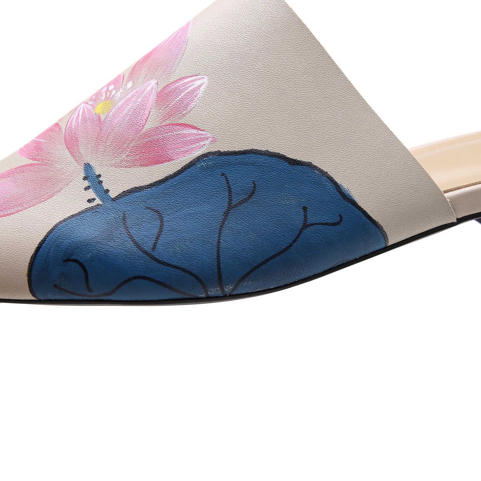 Handmade Retro Leather Painted Lotus Slippers For Women Pointed Toe Leather Mules