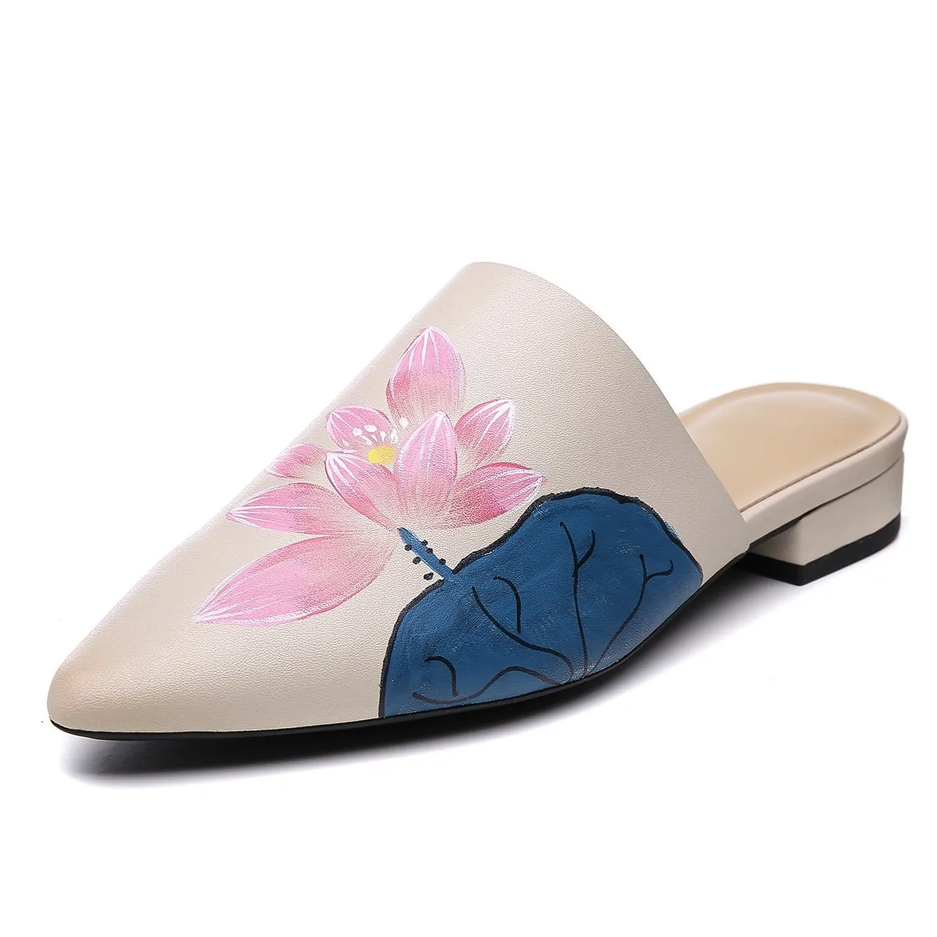 Handmade Retro Leather Painted Lotus Slippers For Women Pointed Toe Leather Mules