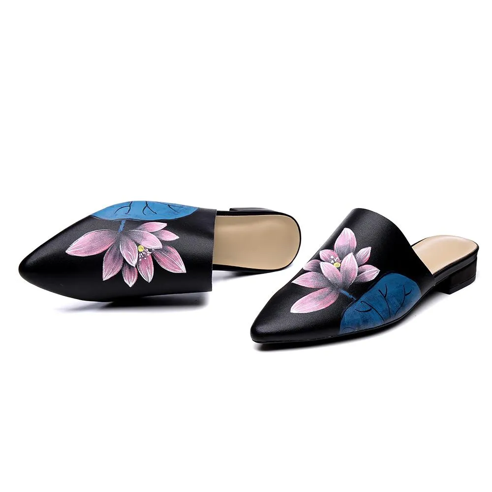 Handmade Retro Leather Painted Lotus Slippers For Women Pointed Toe Leather Mules