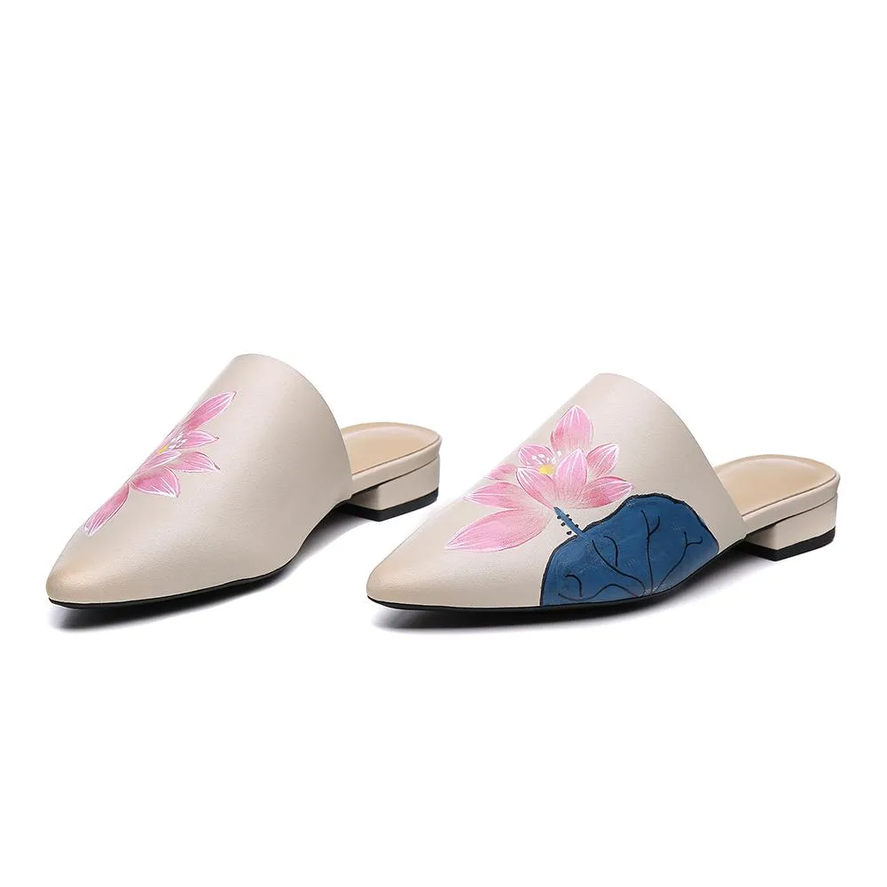 Handmade Retro Leather Painted Lotus Slippers For Women Pointed Toe Leather Mules