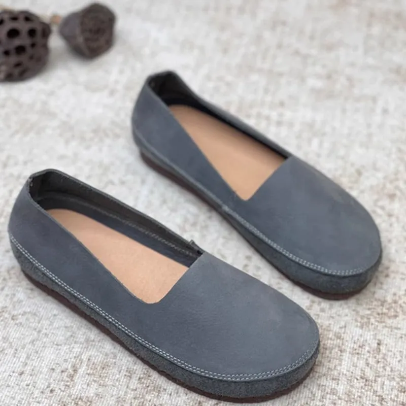 Handmade Retro Soft Leather Flat For Women Slip on Loafers in Coffee/Grey