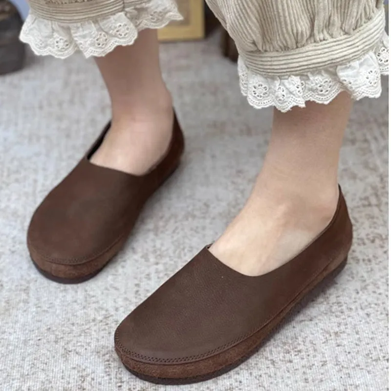 Handmade Retro Soft Leather Flat For Women Slip on Loafers in Coffee/Grey