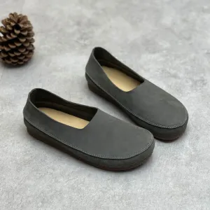 Handmade Retro Soft Leather Flat For Women Slip on Loafers in Coffee/Grey