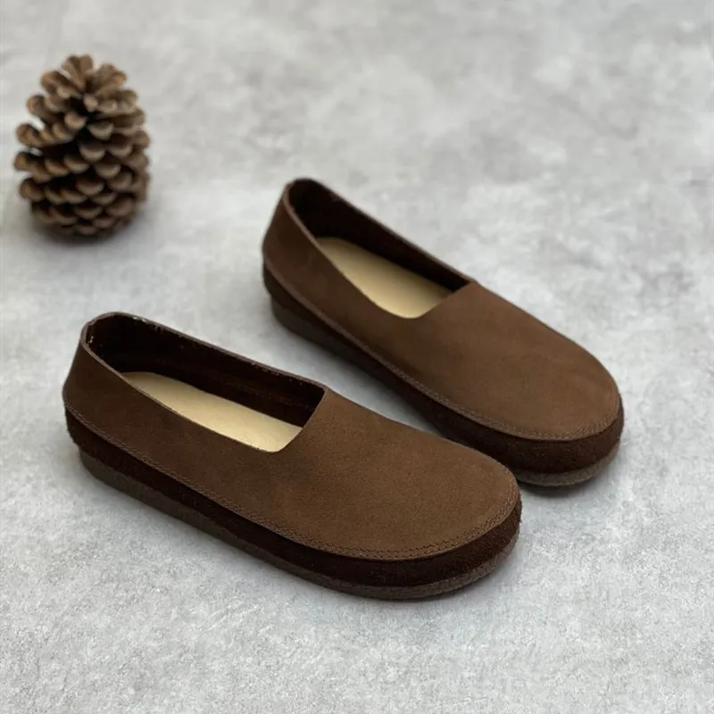 Handmade Retro Soft Leather Flat For Women Slip on Loafers in Coffee/Grey