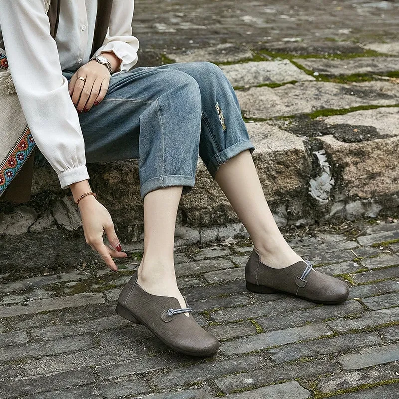 Handmade Retro Soft Leather Loafers in Khaki/Grey