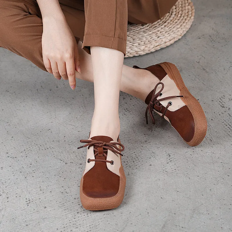 Handmade Soft Leather Lace Up Platform Oxford Shoes Color Blocking Coffee/Khaki