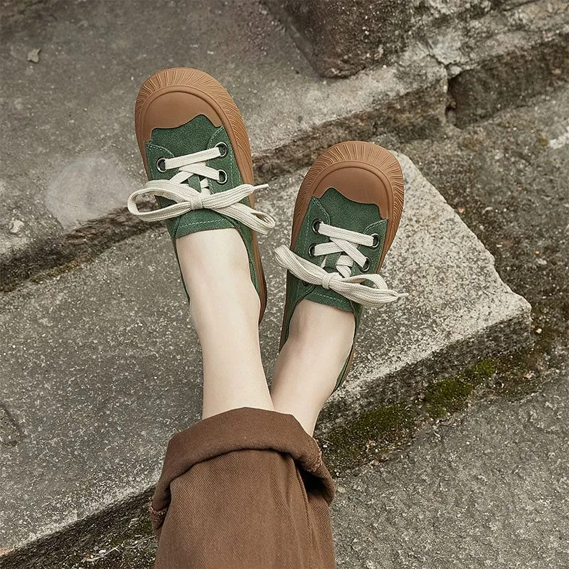 Handmade Soft Leather Lace Up Platform Oxford Shoes in Green/Khaki