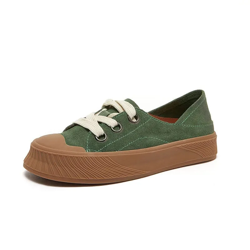 Handmade Soft Leather Lace Up Platform Oxford Shoes in Green/Khaki