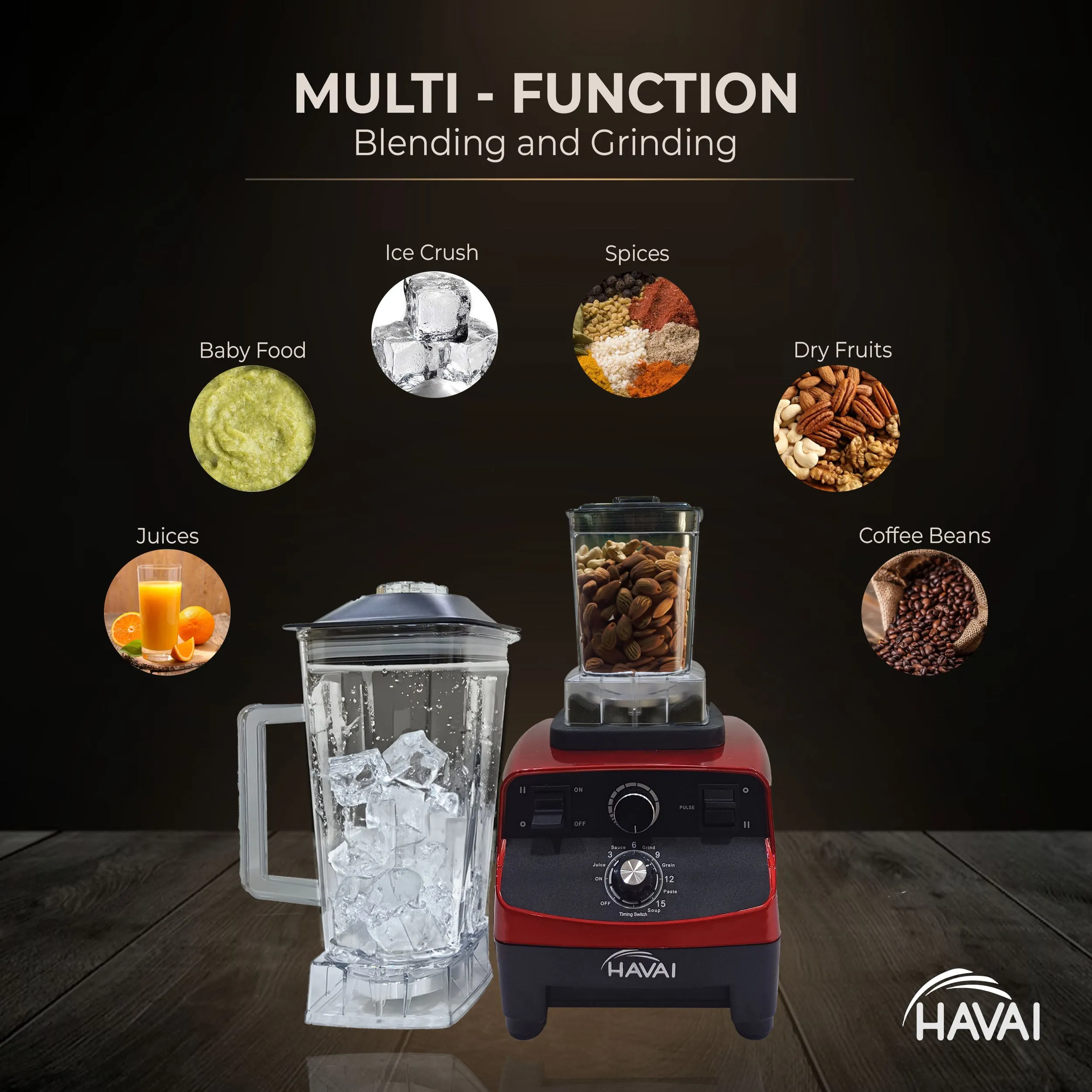 HAVAI Professional Heavy Duty Blender/Grinder/Mixer, 1200W, 2L & 600ml Small Grinding Jar, Crush Ice - Make Shakes, Grind Spices and Smoothies (RED)