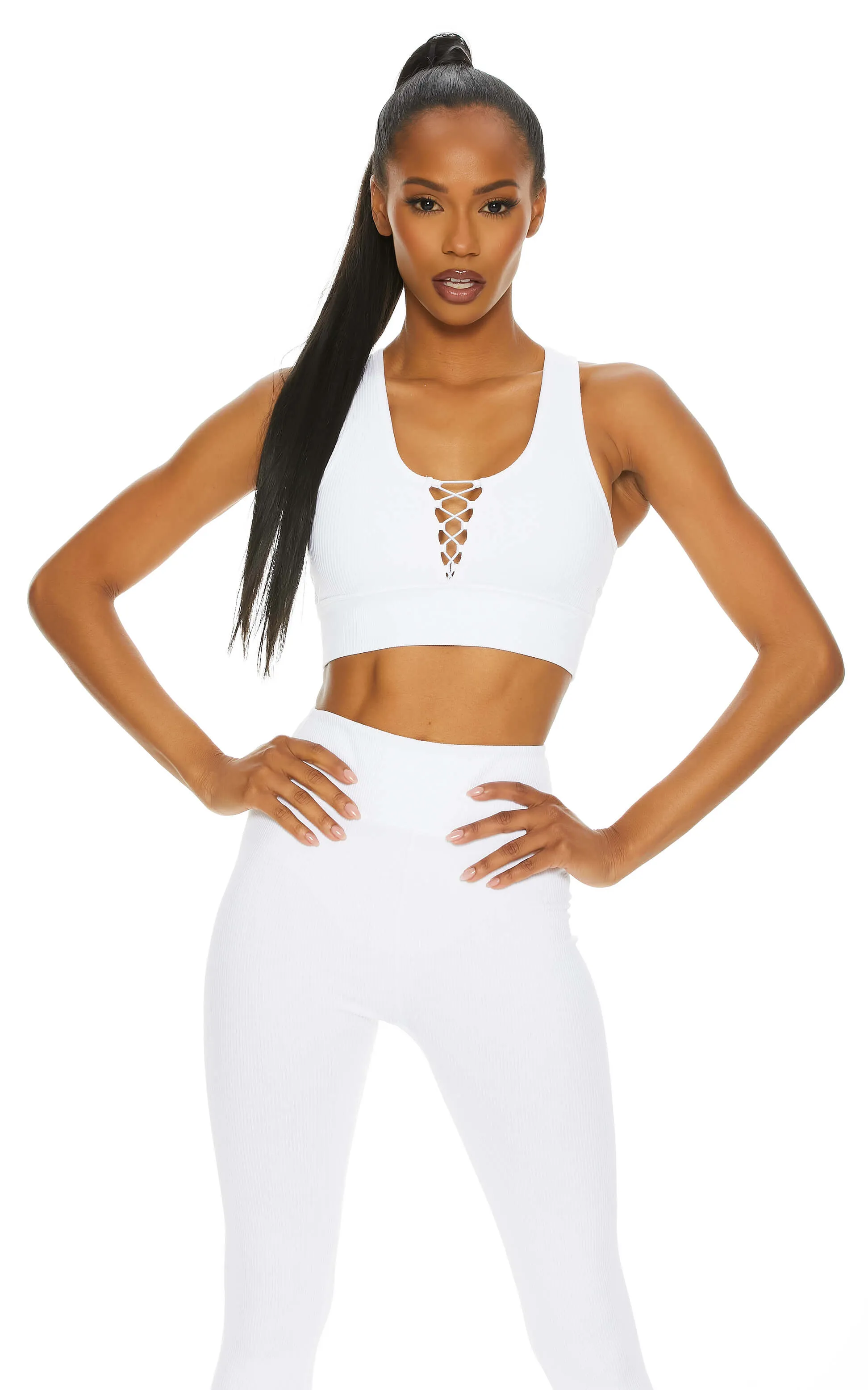 Home Run Seamless Rib Lace-Up Padded Crop Top | White