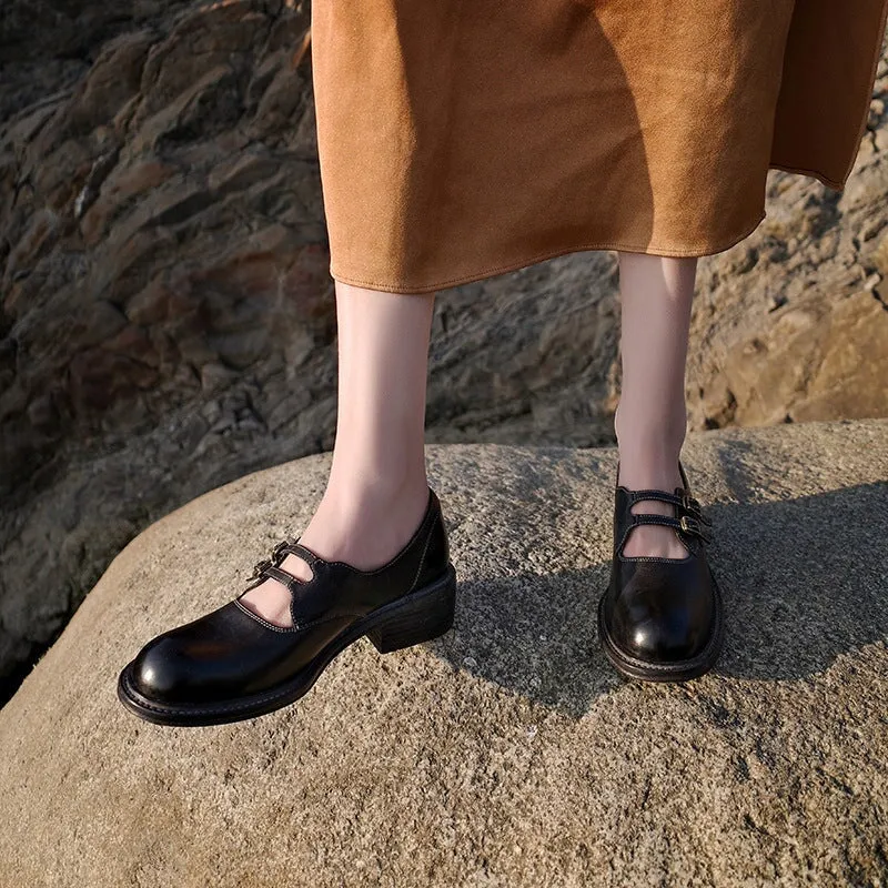 Horse Leather Mary Jane Shoes With Double Buckle in Brown/Black