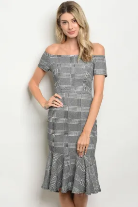 Houndstooth Cold Shoulder Mermaid Cut Dress