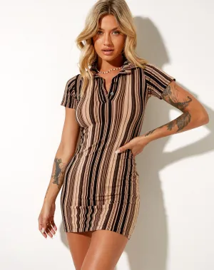 Jeeves Mini Dress in Mix Stripe Brown