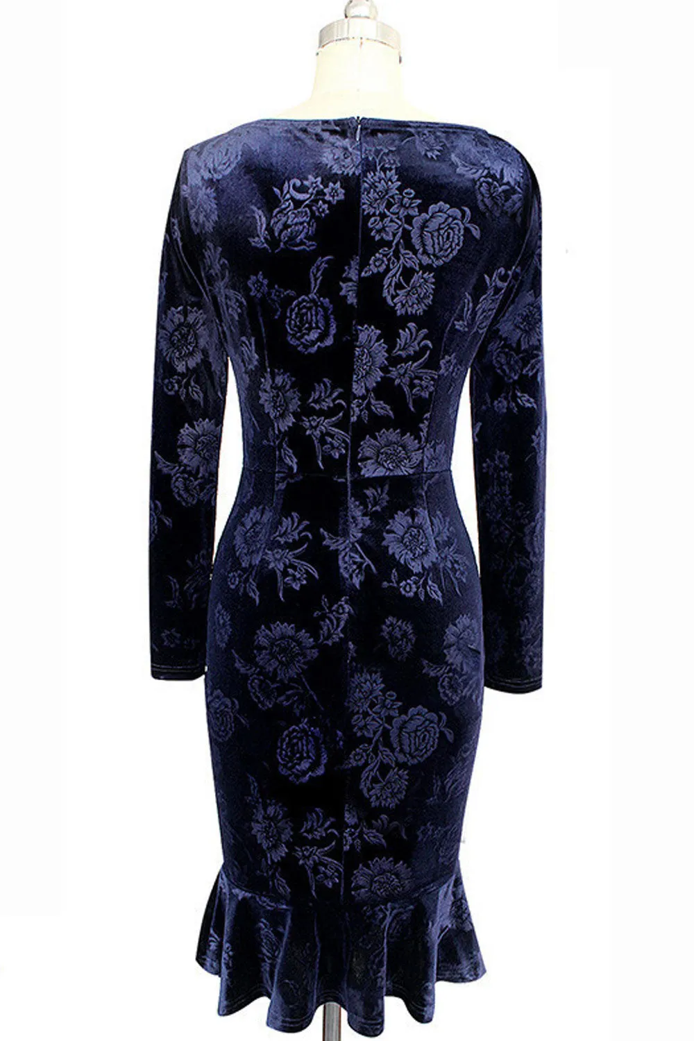 Ketty More Women Retro Embossed Flowers Long Sleeve Tight Dress-KMWD307