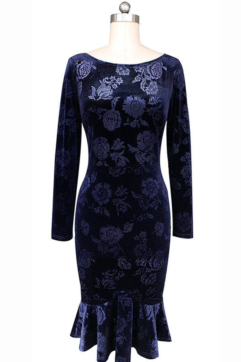 Ketty More Women Retro Embossed Flowers Long Sleeve Tight Dress-KMWD307