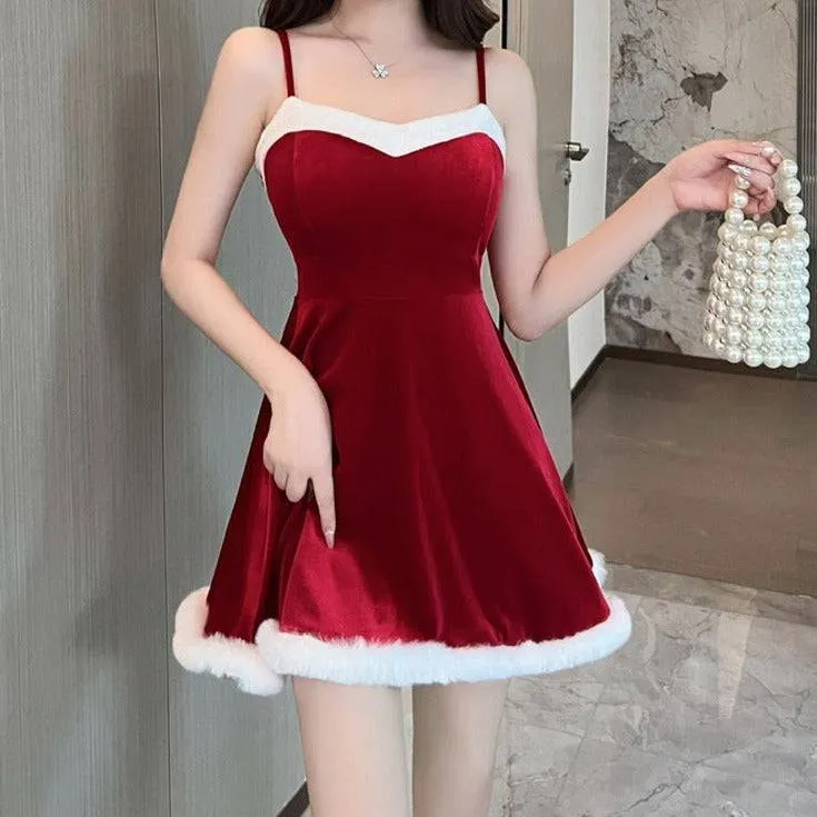 Kristena Spaghetti Strap Fluffy Trim A-Line Christmas Mini Dress