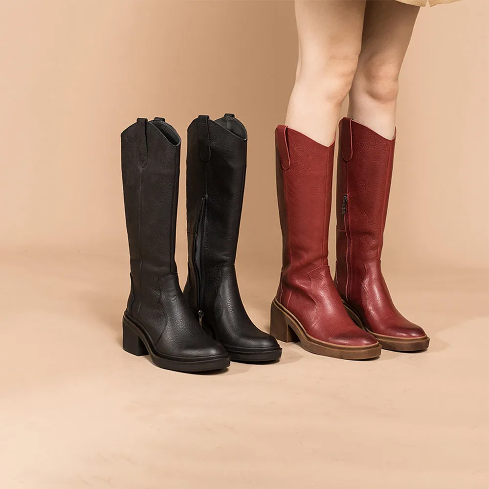 Leather Knee High Boots Cowboy Boots Designer Retro Block Heel Riding Boots in Black/Red/coffee