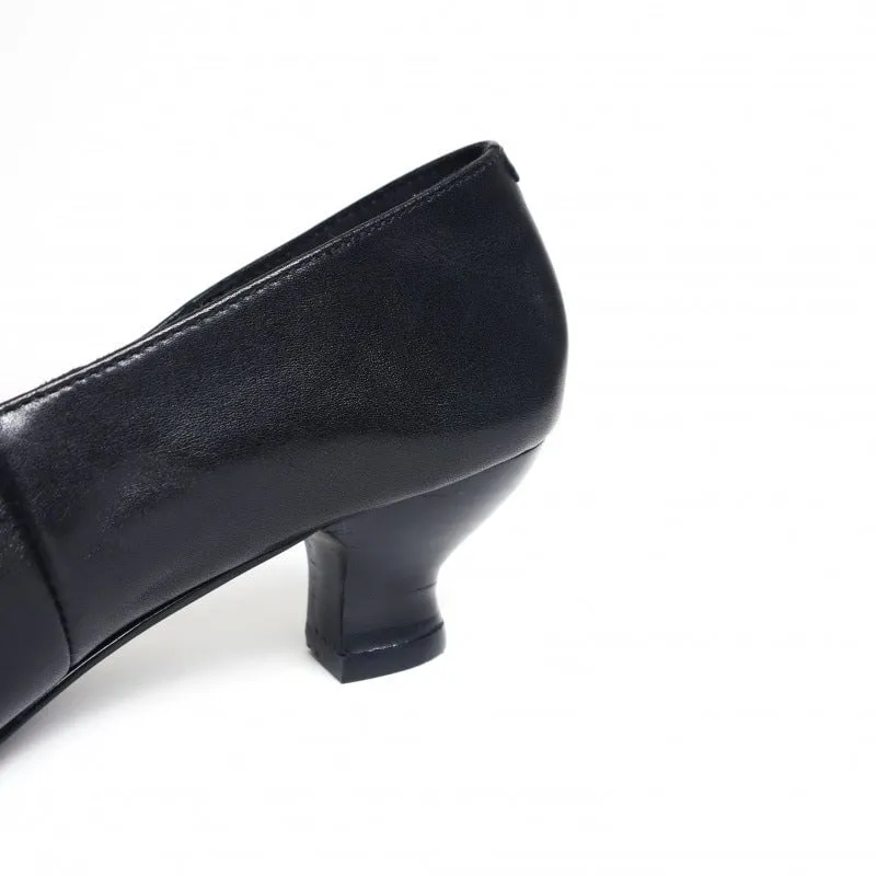 Leather Pointed Toe Kitty Heel Slip-On Pumps Office Shoes in Black