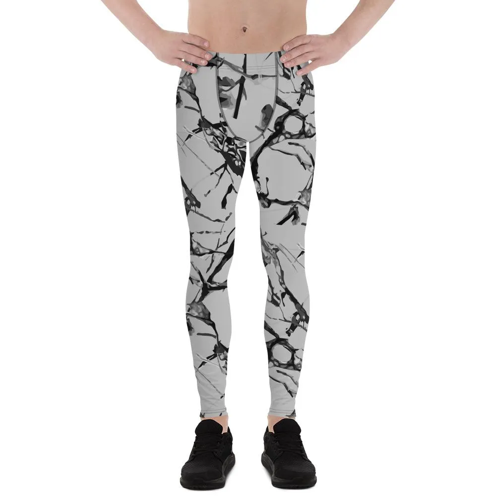 Light Gray Marble Men Tights, Best Marble Print Stylish Men's Leggings Gym Workout Tights - Made in USA/EU