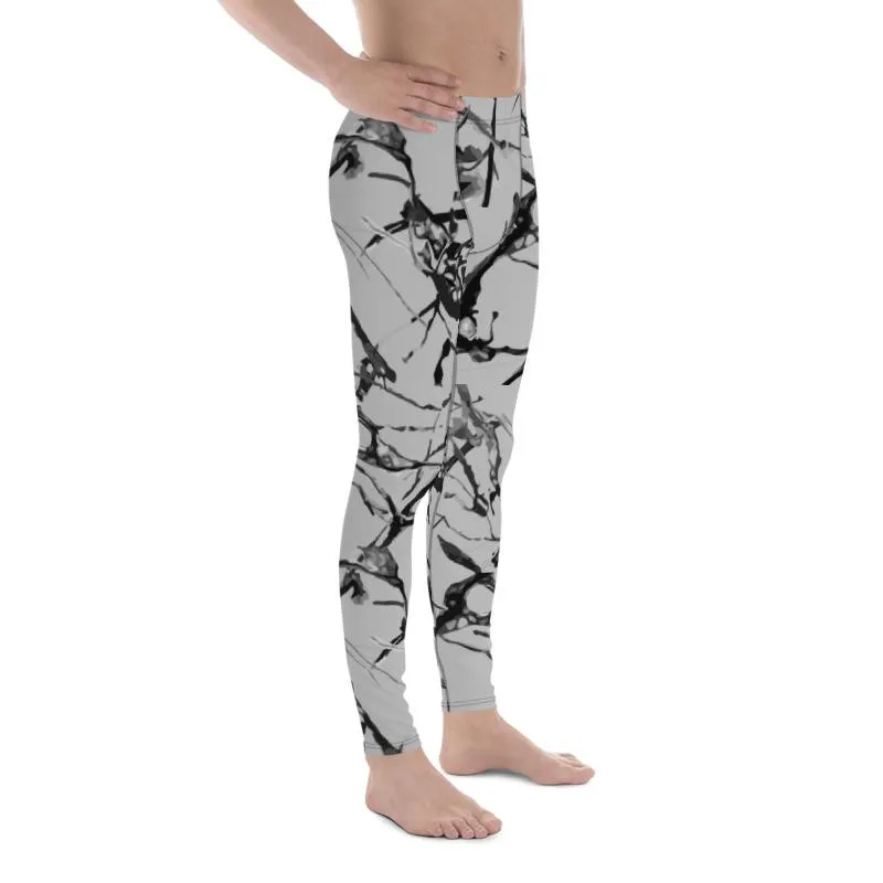 Light Gray Marble Men Tights, Best Marble Print Stylish Men's Leggings Gym Workout Tights - Made in USA/EU