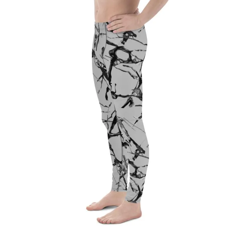 Light Gray Marble Men Tights, Best Marble Print Stylish Men's Leggings Gym Workout Tights - Made in USA/EU