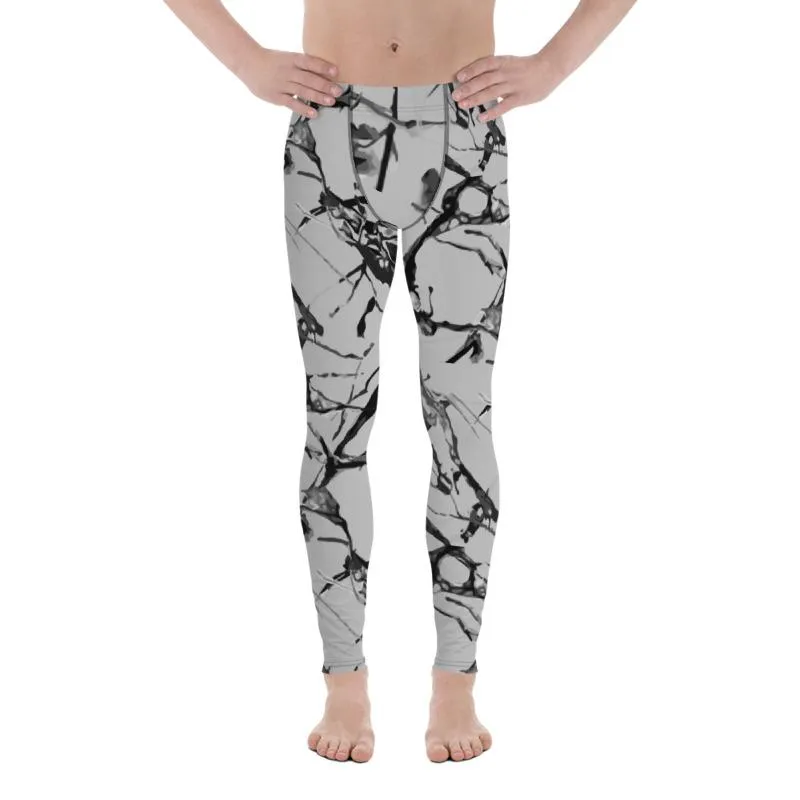 Light Gray Marble Men Tights, Best Marble Print Stylish Men's Leggings Gym Workout Tights - Made in USA/EU