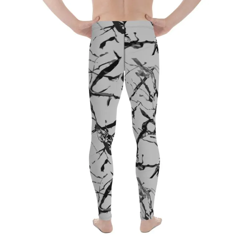 Light Gray Marble Men Tights, Best Marble Print Stylish Men's Leggings Gym Workout Tights - Made in USA/EU