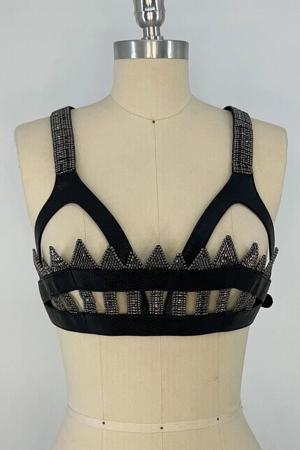 Lister Beaded Leather Bra Top - Jet Black