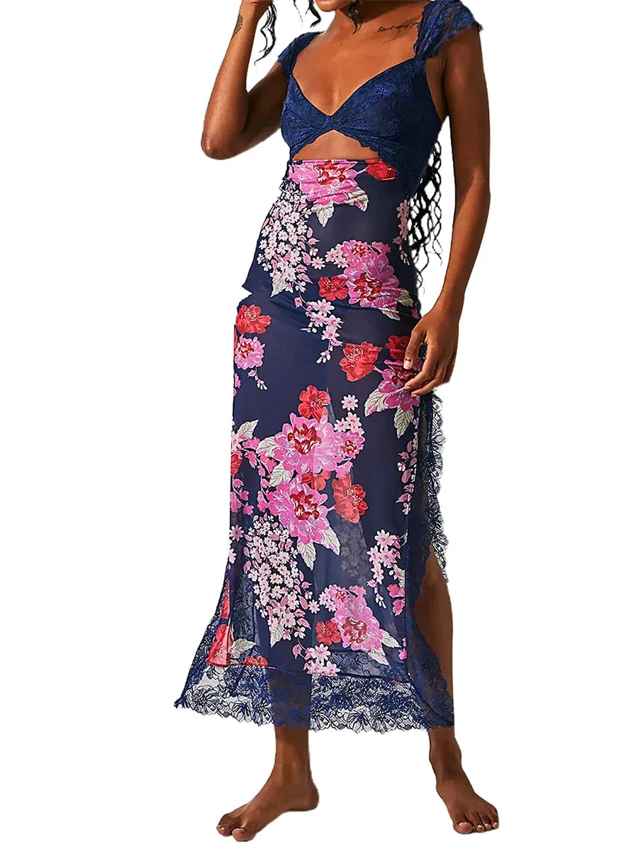 Long Bodycon Retro Floral Print Lace Patchwork Cutout Chic Sleeveless Backless Summer Elegant Dress