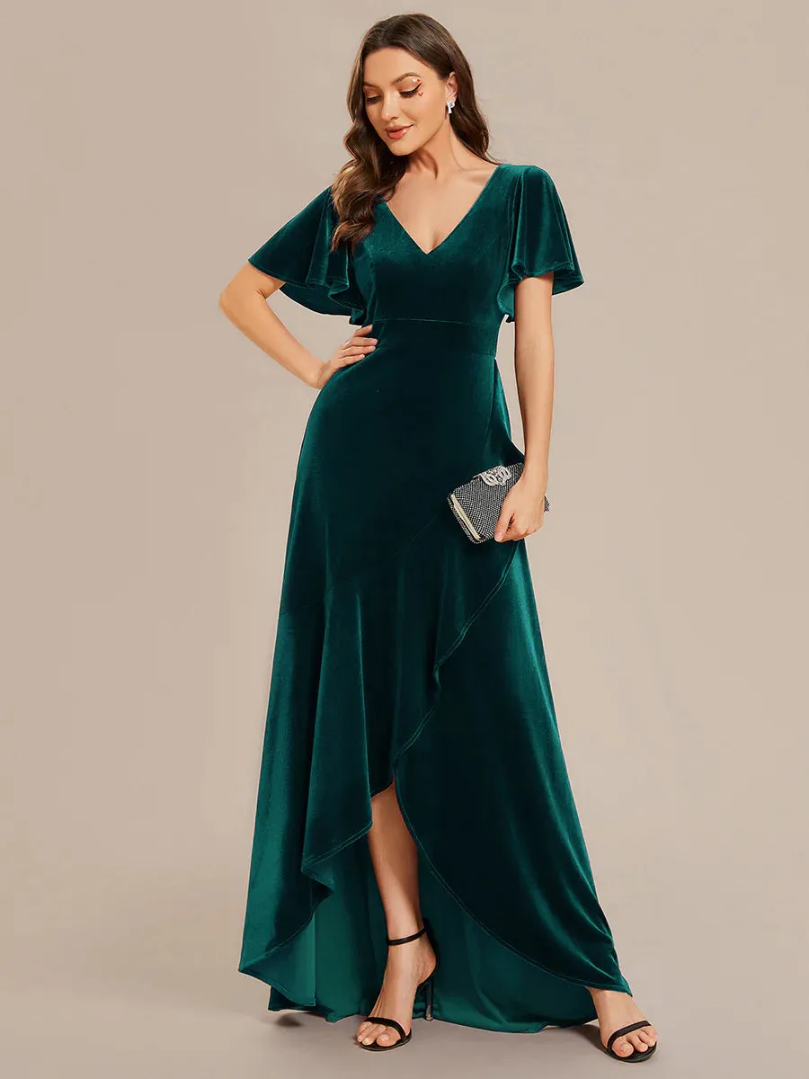 Lotus Leaf Ruffles High-low V Neck Evening Dress with Short Sleeves