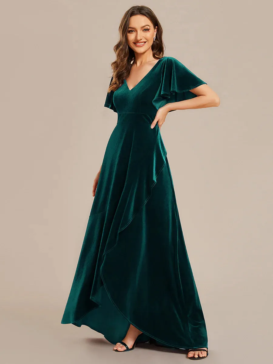 Lotus Leaf Ruffles High-low V Neck Evening Dress with Short Sleeves