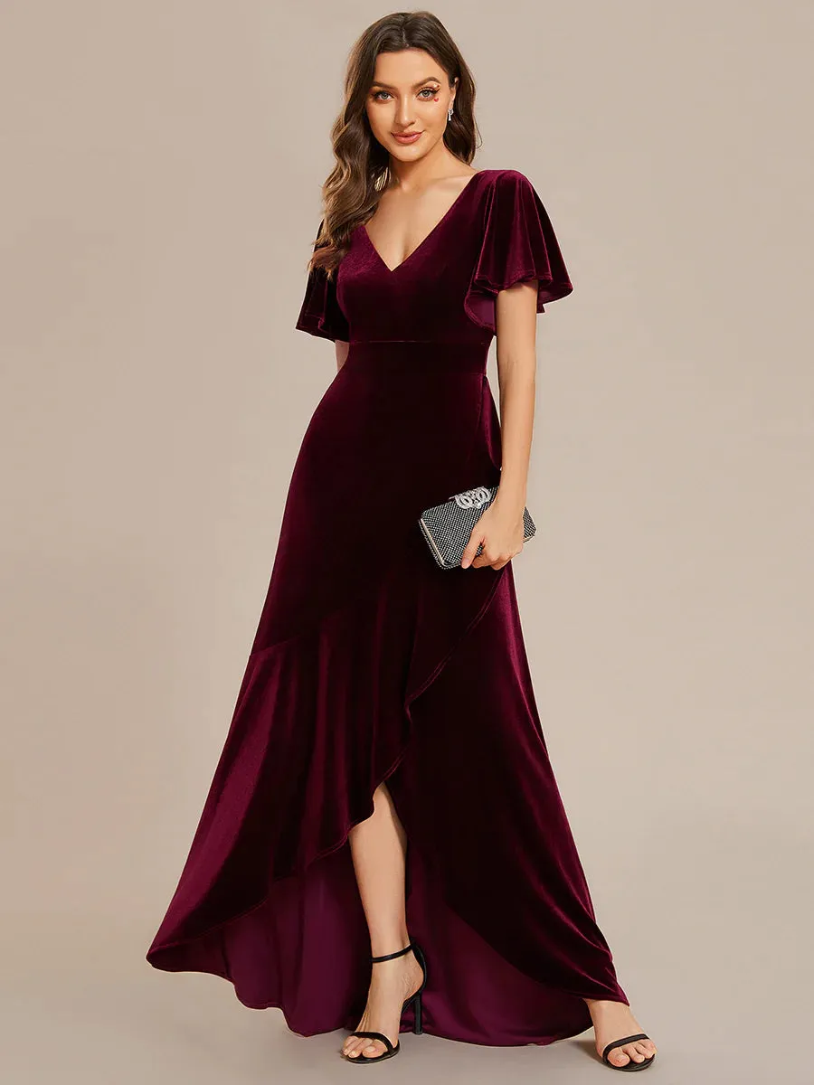 Lotus Leaf Ruffles High-low V Neck Evening Dress with Short Sleeves