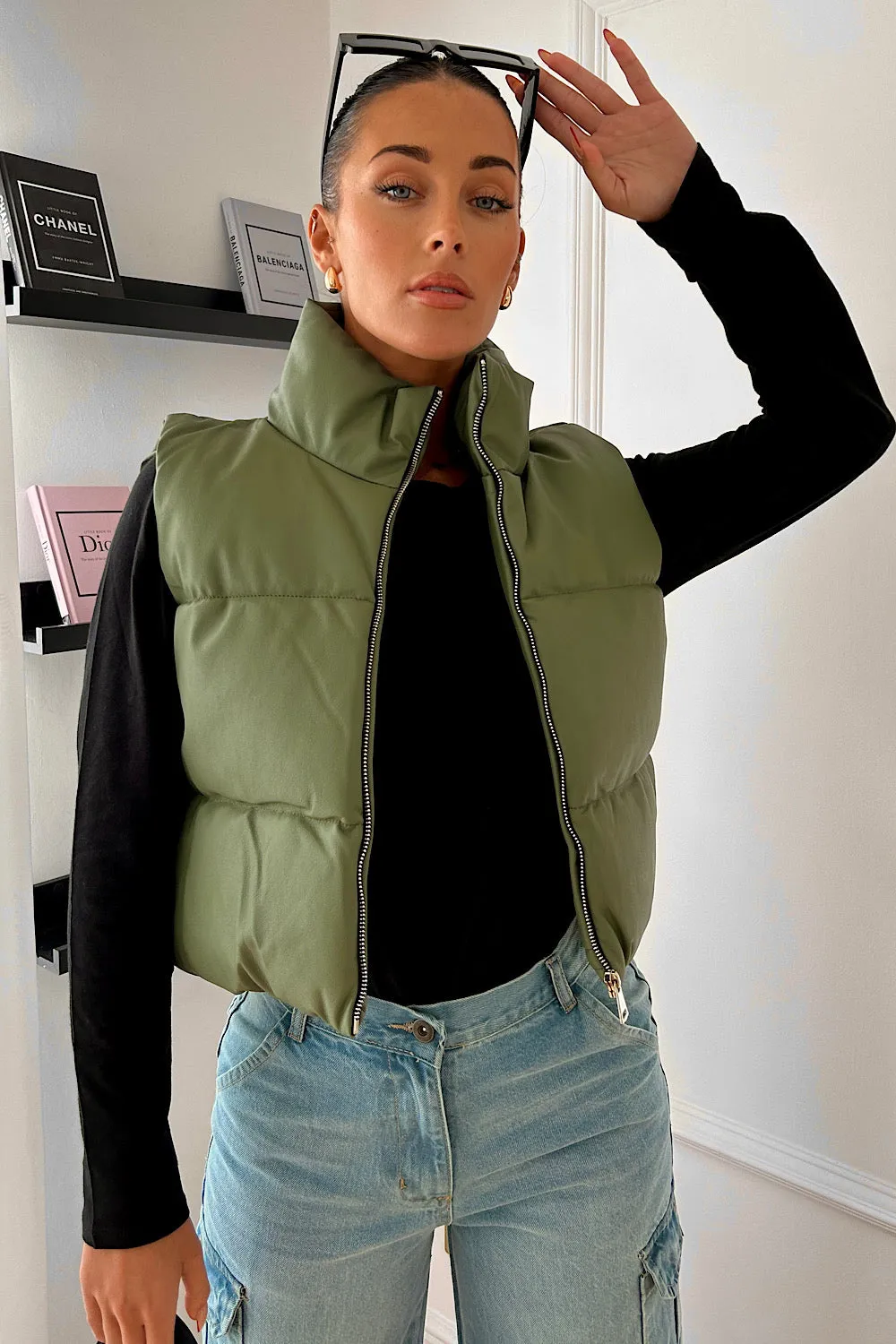 Lou Khaki Faux leather Cropped Gilet