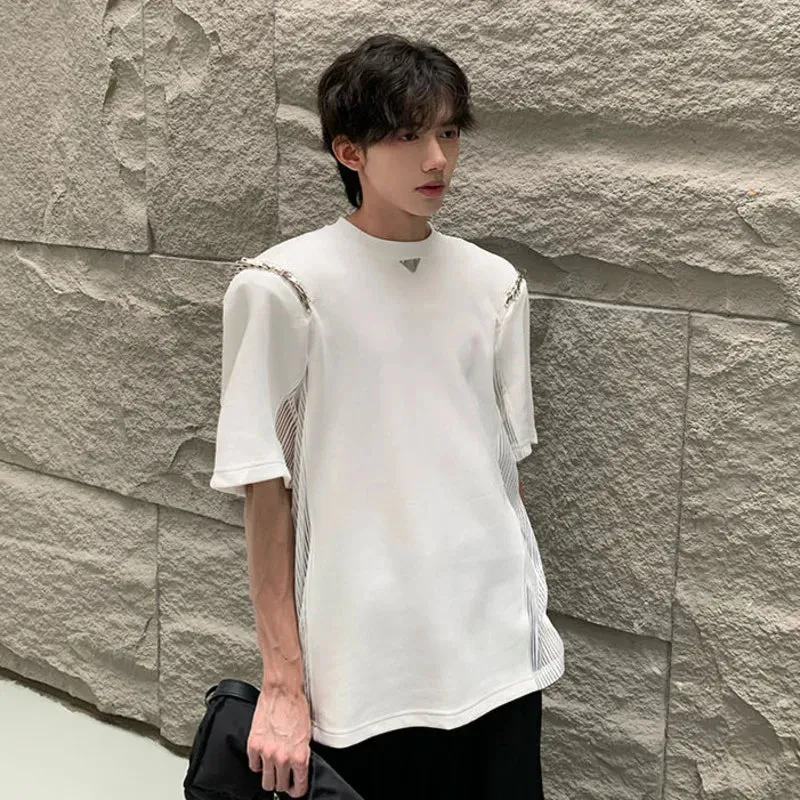 Man's Short Sleeved T-shirt 2024 Summer New Loose Casual Fashion Trend Shoulder-padded Metal Embellished Male Top 9C5569