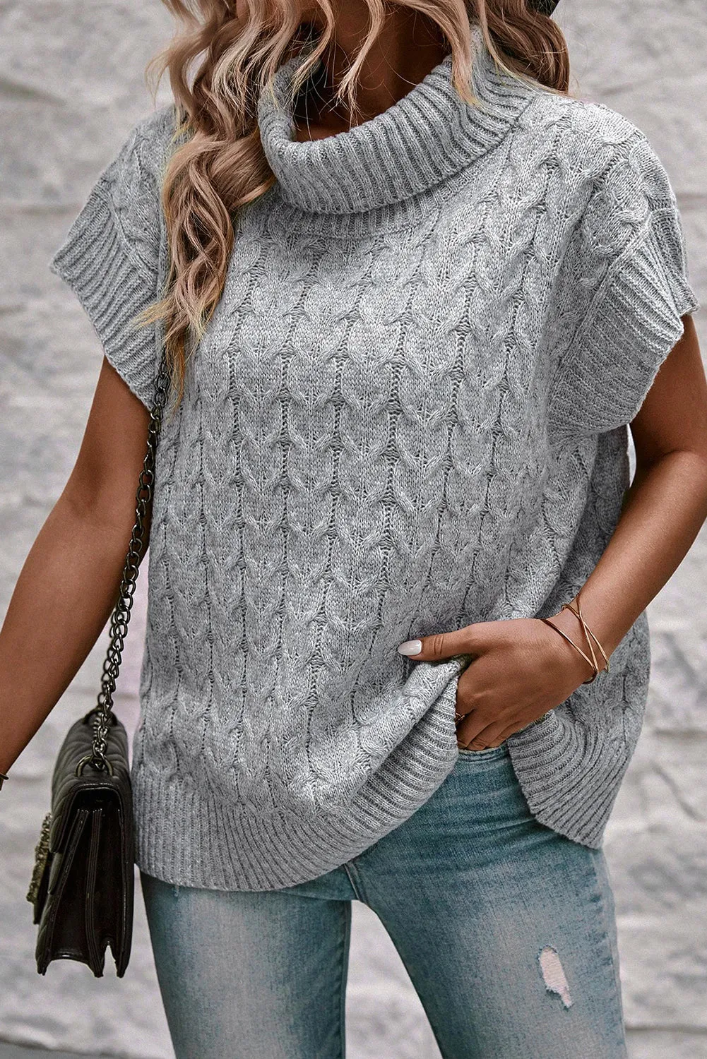 Medium Grey Cable Knit Turtleneck Batwing Sleeve Sweater