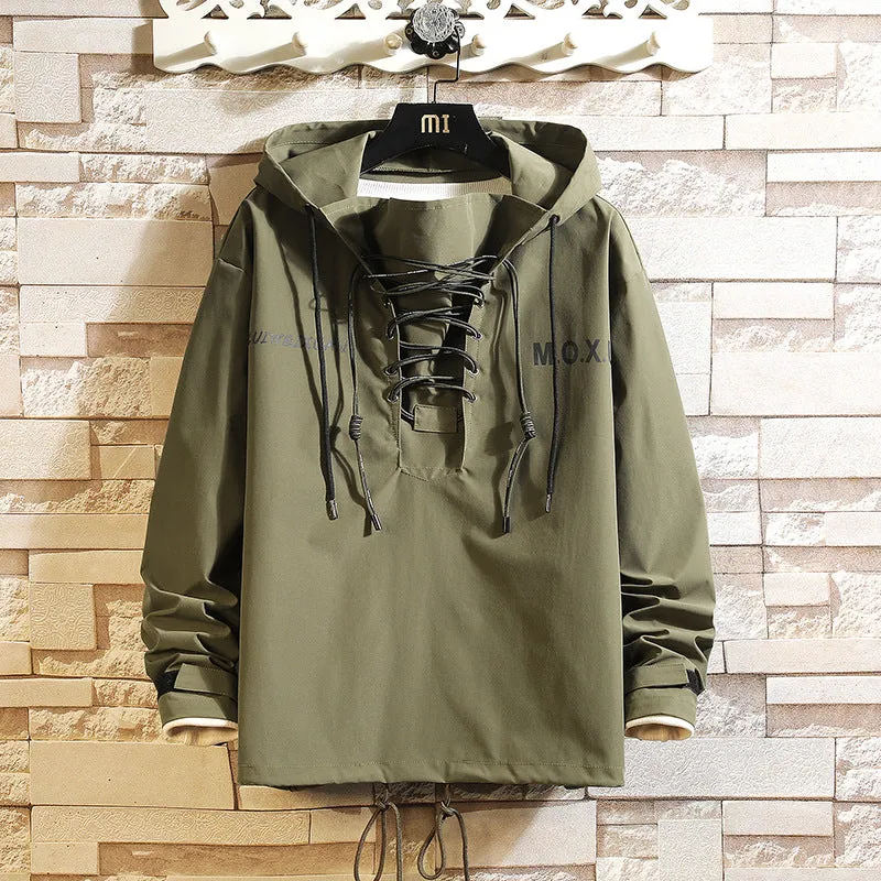 Men's American Retro Casual Simple Lace Up Hooded Pullover Jacket