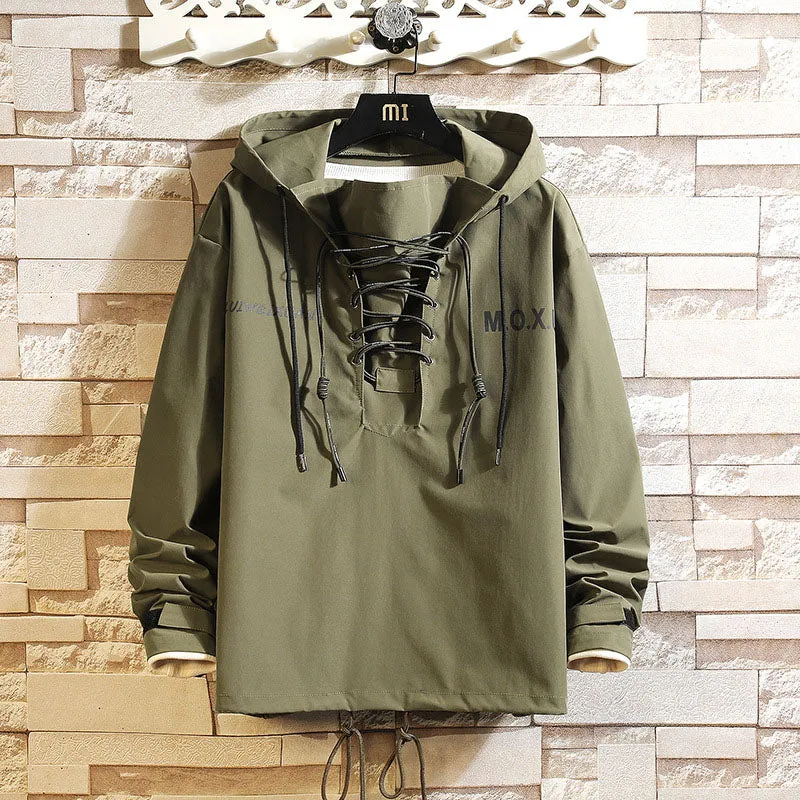 Men's American Retro Casual Simple Lace Up Hooded Pullover Jacket