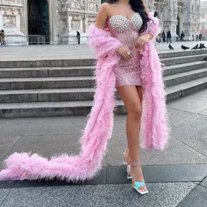 Mercina Strapless Crystal Sequins Corset Mini Dress with Feather Shawl