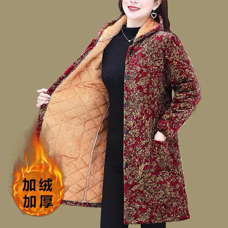 METAVERSMALL New mother velvet thickened cotton-padded clothes medium and long women wear large size warm cotton-padded jackets middle-aged and elderly women lapel cotton-padded clothes