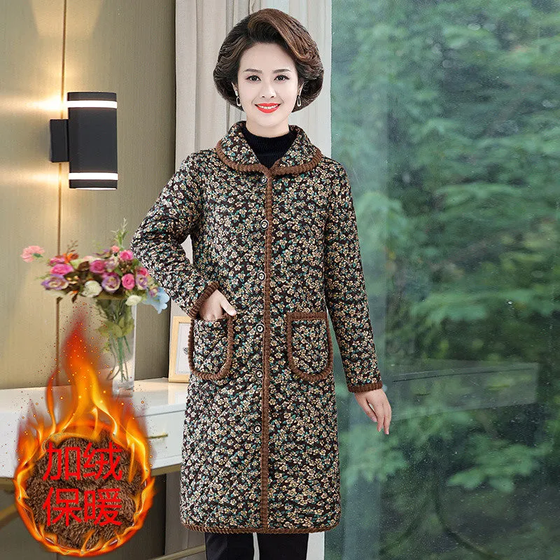 METAVERSMALL New mother velvet thickened cotton-padded clothes medium and long women wear large size warm cotton-padded jackets middle-aged and elderly women lapel cotton-padded clothes