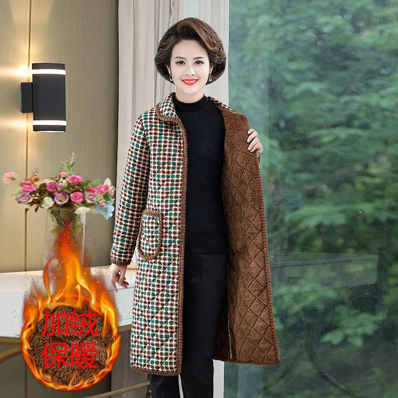 METAVERSMALL New mother velvet thickened cotton-padded clothes medium and long women wear large size warm cotton-padded jackets middle-aged and elderly women lapel cotton-padded clothes