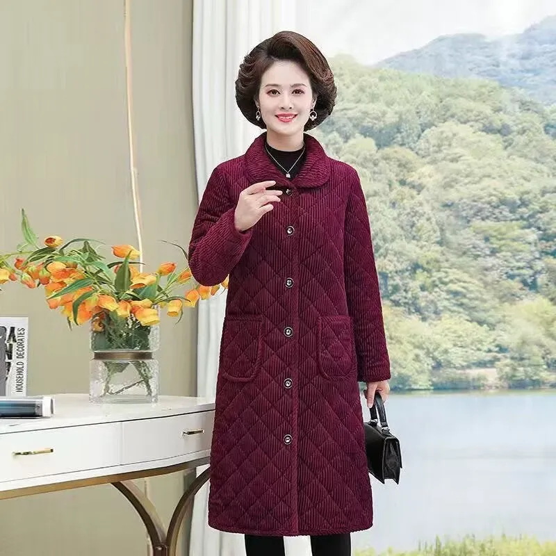 METAVERSMALL New mother velvet thickened cotton-padded clothes medium and long women wear large size warm cotton-padded jackets middle-aged and elderly women lapel cotton-padded clothes